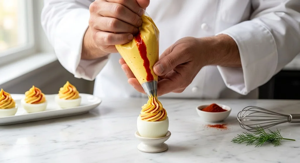 A chef piping yellow deviled egg filling with a red paprika stripe from a piping bag to create a two-toned swirl effect.