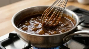 A metal whisk stirring a thick, dark, and glossy gravy as it bubbles in a silver saucepan on a gas stove.