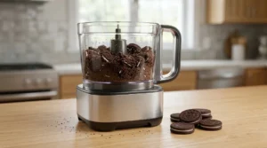 : A silver food processor filled with dark Oreo cookie crumbs, with whole Oreo cookies on a wooden counter.
