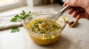 A hand whisking melted butter, minced garlic, herbs, and spices in a small clear glass bowl on a countertop.