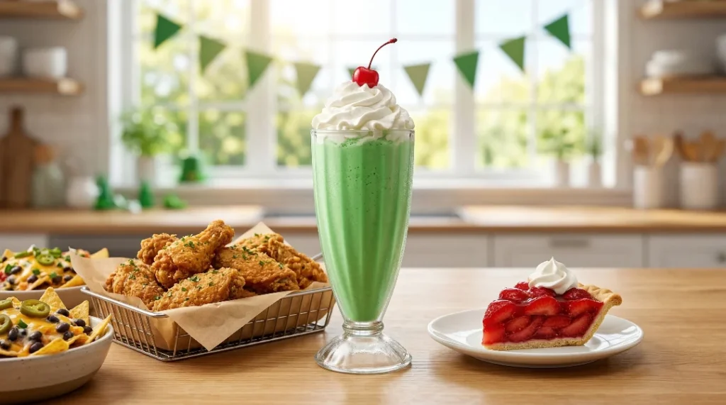 A wooden table with fried chicken, nachos, a tall green shamrock shake, and a slice of strawberry pie.