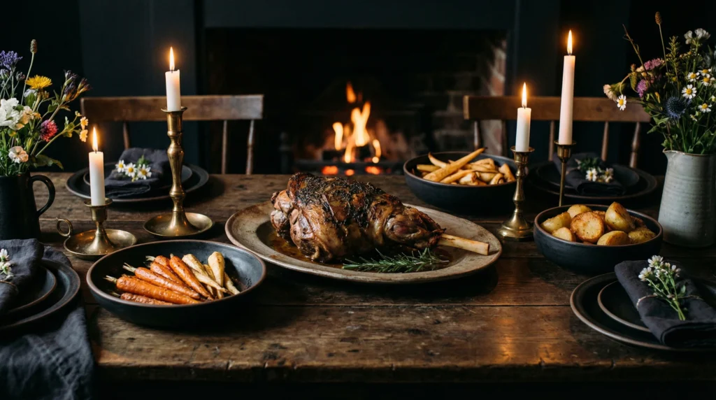 A festive Easter dinner table set with a whole roasted leg of lamb, roasted vegetables, candles, and flowers in front of a cozy fireplace.