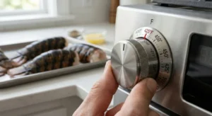 A close-up of a person's hand turning a silver oven dial exactly to 425°F, with raw butterflied lobster tails on a tray in the background.