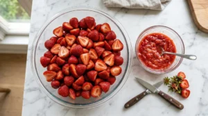 A top-down view showing a large glass bowl filled with halved fresh strawberries next to a smaller bowl of mashed strawberries and two small knives.