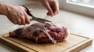 Hands using scissors to carefully cut the white elastic netting off a raw boneless leg of lamb on a wooden cutting board.