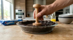 A hand using a wooden tamper to press dark cookie crumbs firmly into a glass pie dish on a wooden kitchen counter.