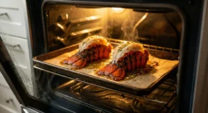 Butterflied lobster tails roasting inside a brightly lit oven, with hot steam rising from the melting garlic butter sauce.