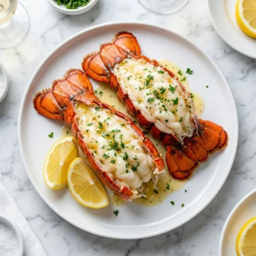 Two perfectly butterflied and baked lobster tails served on a crisp white plate, drenched in a rich garlic butter sauce, and garnished with freshly chopped parsley and bright lemon wedges.