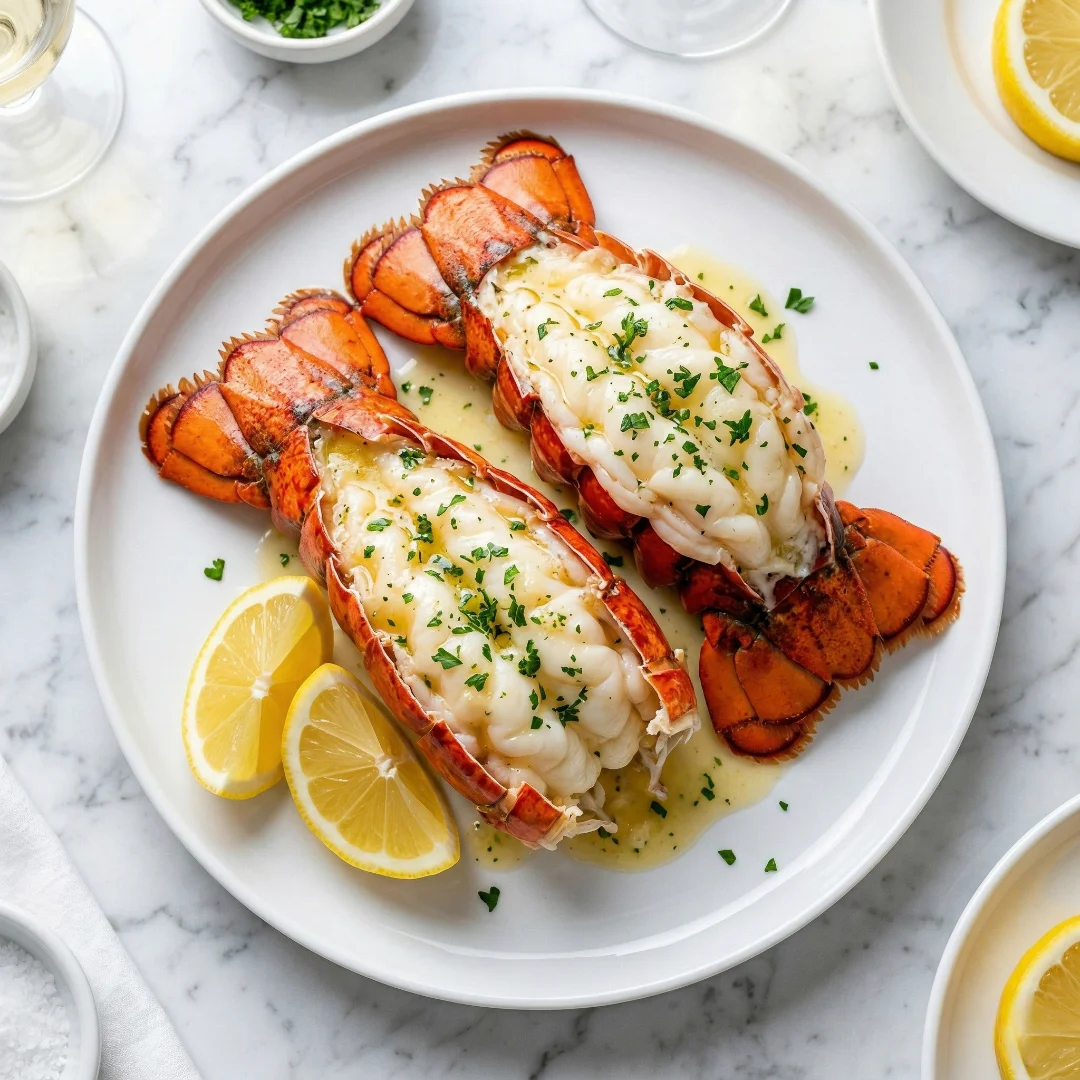 Two perfectly butterflied and baked lobster tails served on a crisp white plate, drenched in a rich garlic butter sauce, and garnished with freshly chopped parsley and bright lemon wedges.