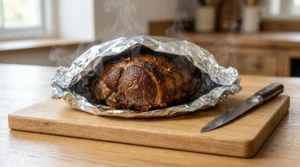 A steaming cooked leg of lamb resting on a wooden board under a loose tent of aluminum foil.