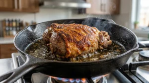 A large leg of lamb being seared in a hot cast-iron skillet on a gas stove, showing a deep golden-brown crust and steam.