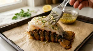 A hand using a silicone pastry brush to generously coat the raw, exposed meat of a butterflied lobster tail with garlic herb butter on a parchment-lined baking sheet.