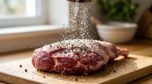 Coarse salt and black pepper being sprinkled over a large raw leg of lamb on a wooden board.