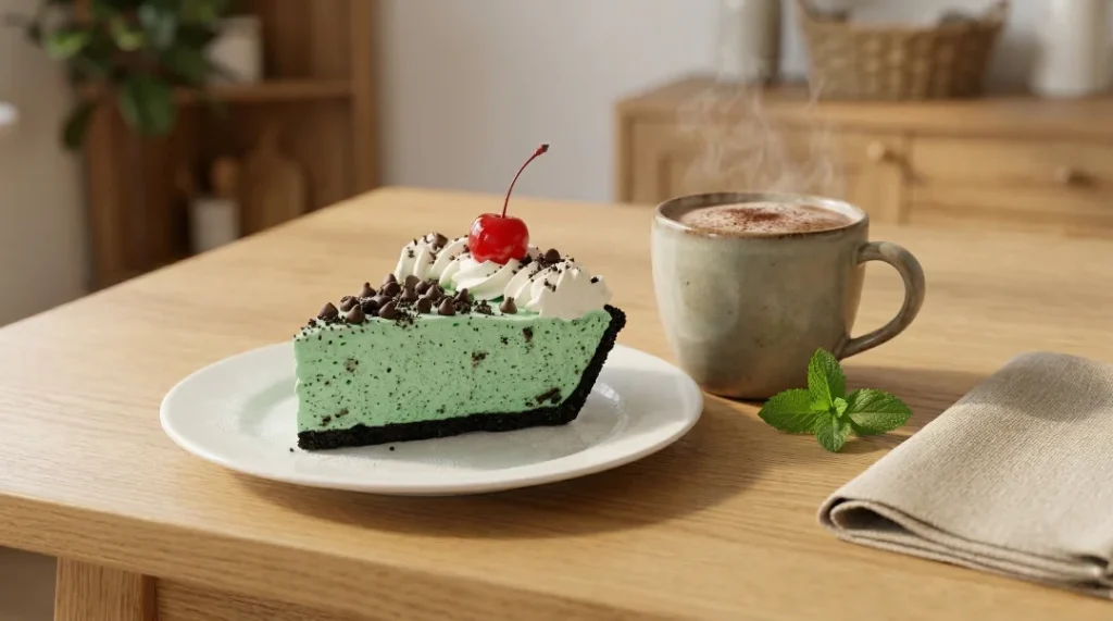 A slice of green mint pie on a white plate next to a steaming cup of coffee and fresh mint leaves on a wooden table.