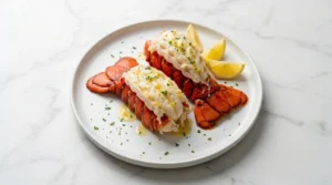 Two perfectly cooked and butterflied lobster tails served on a round white plate, drizzled with melted butter and garnished with fresh lemon wedges and chopped parsley.