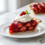A perfect slice of strawberry pie on a white plate, filled with glazed red berries and topped with fresh whipped cream, with the remaining pie in the background.