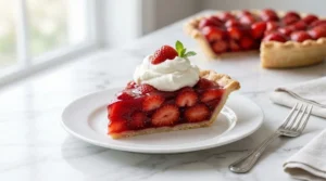 A perfect slice of strawberry pie on a white plate, filled with glazed red berries and topped with fresh whipped cream, with the remaining pie in the background.