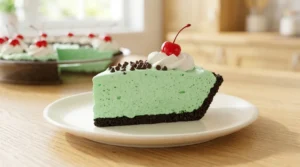A perfect slice of green mint pie with an Oreo crust, topped with chocolate chips, whipped cream, and a red cherry on a white plate.