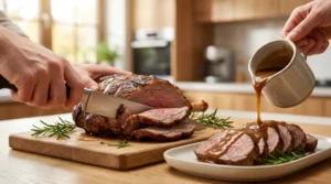 Slices of cooked lamb being drizzled with dark gravy from a small jug, on a white plate with fresh rosemary.