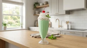 A tall glass filled with a thick, pale green mint milkshake topped with a swirl of whipped cream and a red cherry on a wooden counter.