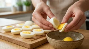 Hands gently popping a bright yellow yolk from a perfectly halved boiled egg into a small rustic bowl.