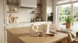 A tub of premium vanilla bean ice cream next to a glass bowl of fresh scoops and a metal scooper on a bright kitchen island.