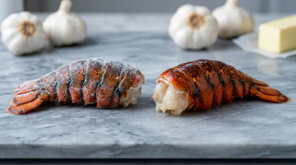 A side-by-side comparison on a grey marble surface showing a frosty, frozen lobster tail on the left and a brightly colored, completely thawed fresh lobster tail on the right, with whole garlic bulbs in the background.