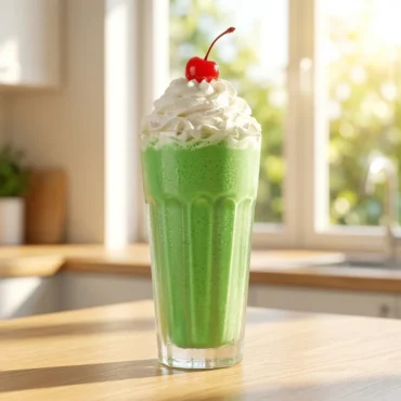 A tall glass of vibrant green shamrock shake topped with whipped cream and a cherry, sitting on a sunlit wooden kitchen counter.