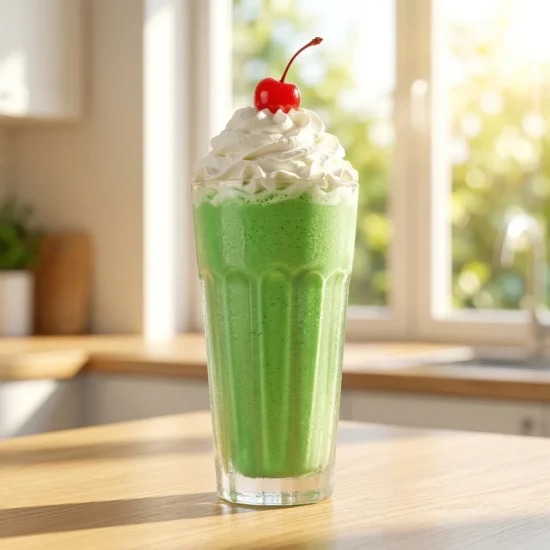 A tall glass of vibrant green shamrock shake topped with whipped cream and a cherry, sitting on a sunlit wooden kitchen counter.