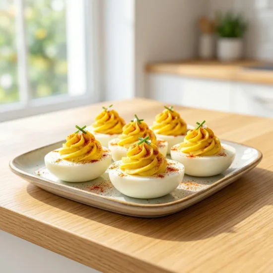 A square plate filled with perfectly piped classic deviled eggs, garnished with smoked paprika and fresh chives, sitting on a sunlit kitchen counter.Deviled Eggs Recipe