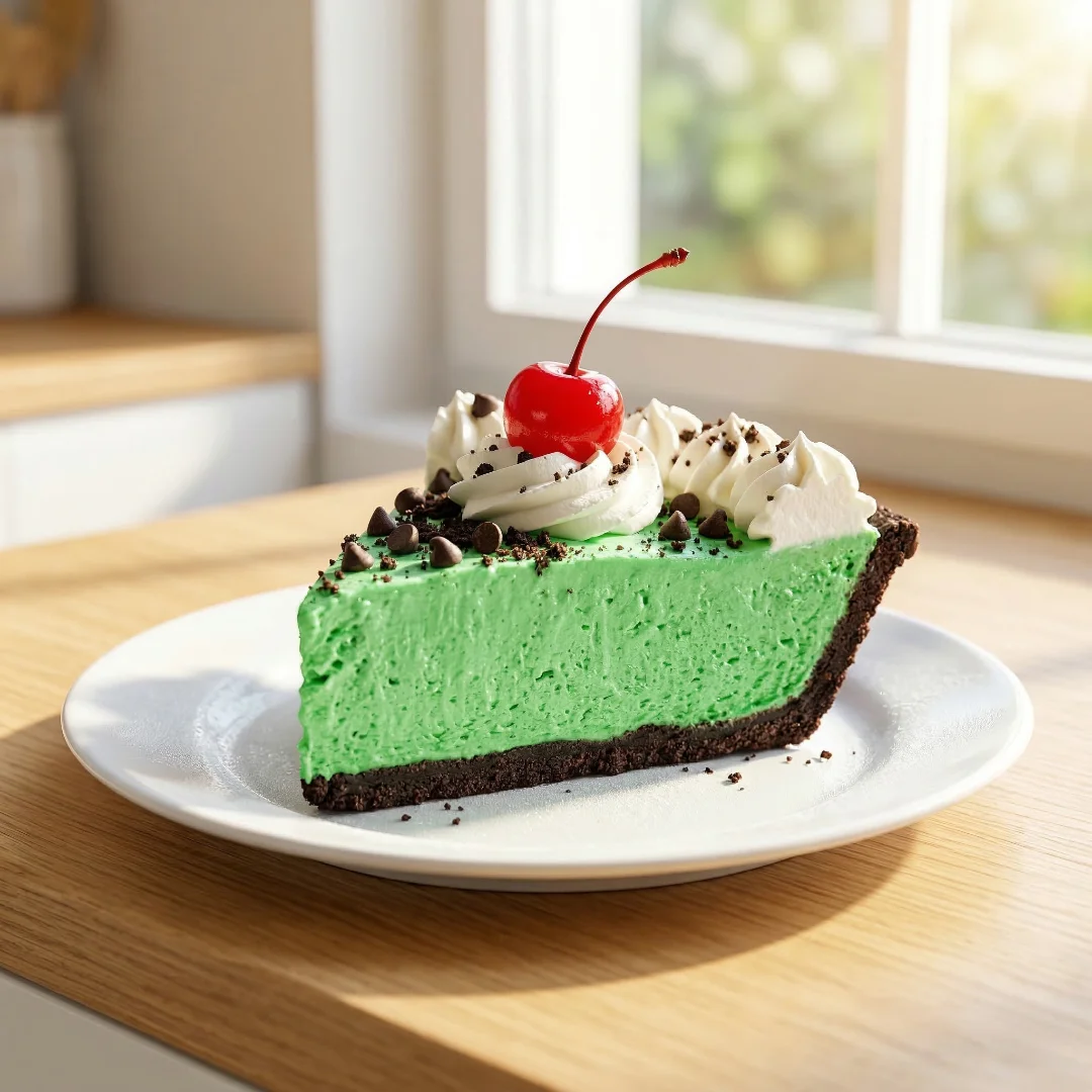 A close-up shot of a bright green mint Shamrock Shake Pie pie slice with an Oreo crust, topped with whipped cream, chocolate chips, and a cherry.