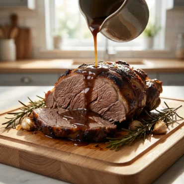 A close-up shot of a succulent, sliced leg of lamb on a wooden board with rich gravy being poured over it, garnished with rosemary and garlic.