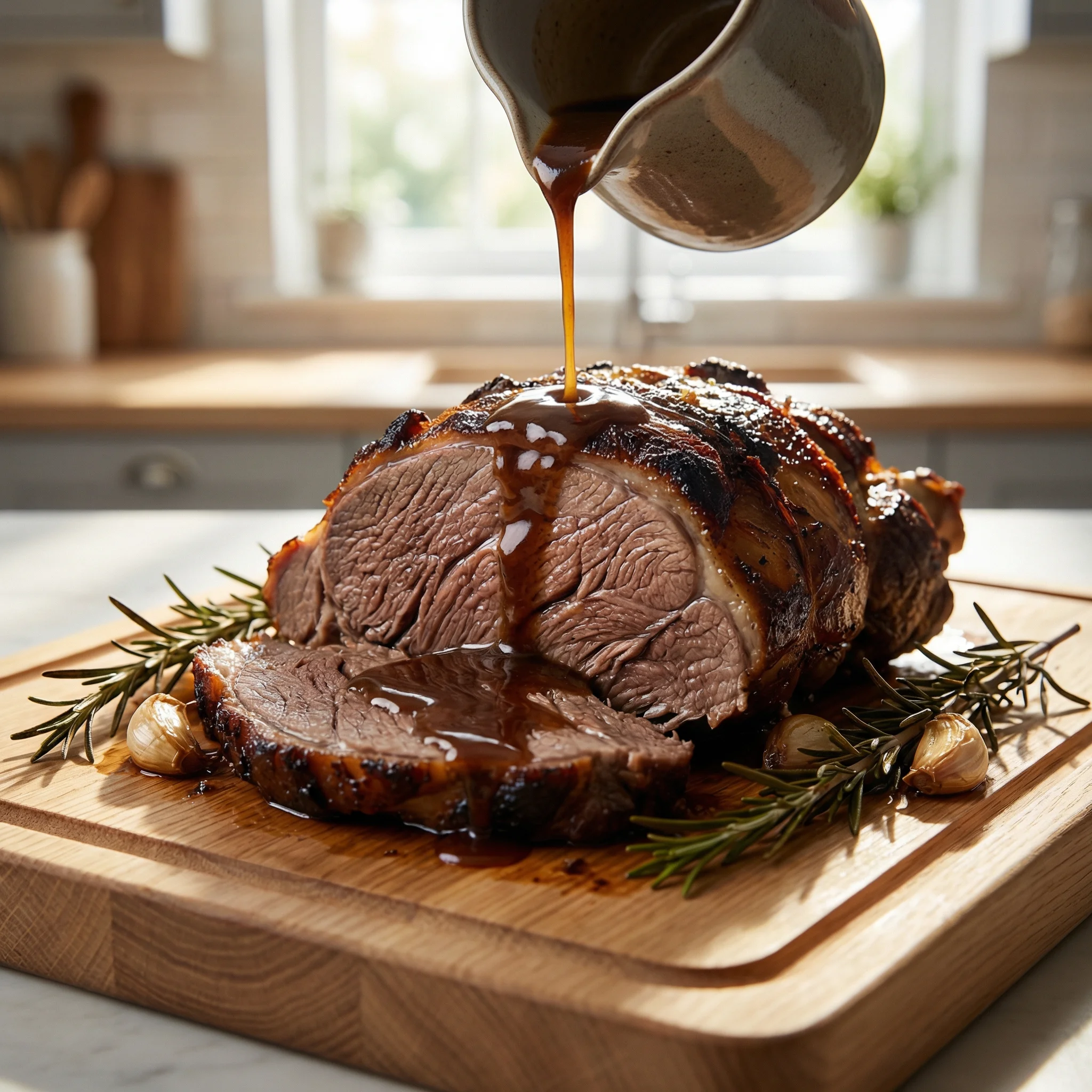 A close-up shot of a succulent, sliced leg of lamb on a wooden board with rich gravy being poured over it, garnished with rosemary and garlic.