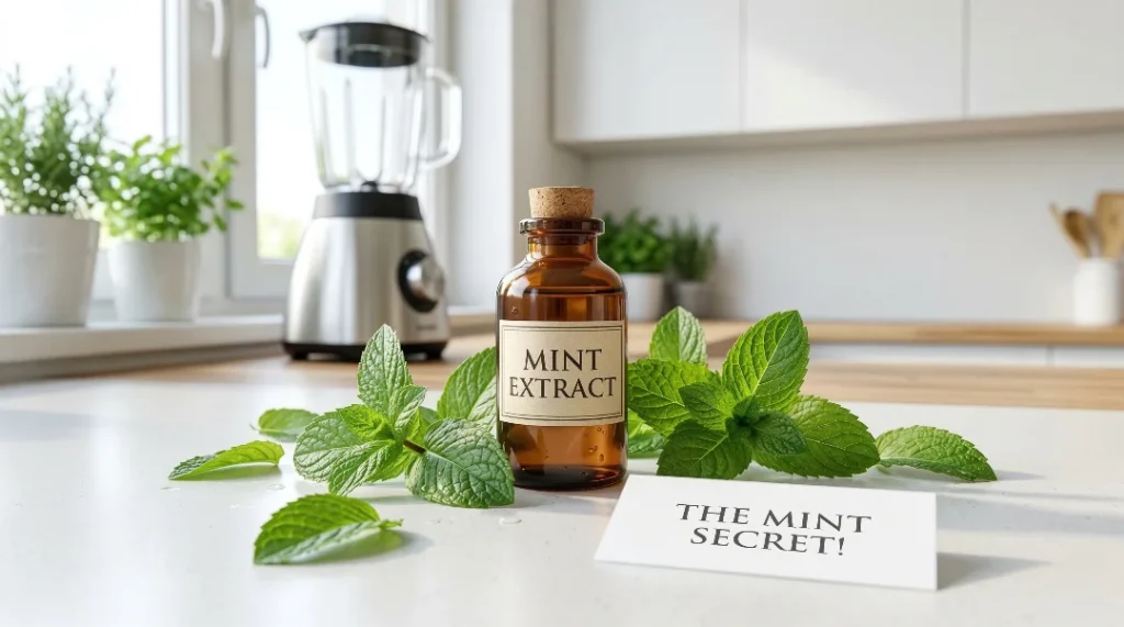 An amber bottle of mint extract surrounded by fresh green mint leaves on a white kitchen counter.