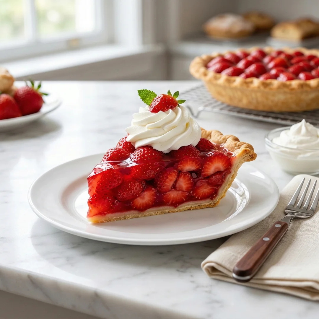 A flawless, bakery-style slice of strawberry pie Recipe holding its shape on a white plate, topped with whipped cream and a mint garnish.