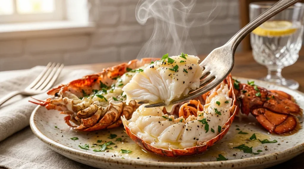 A close-up of a silver fork holding a thick, flaky, and completely opaque piece of cooked white lobster meat dripping with butter sauce, with hot steam rising above a plate.