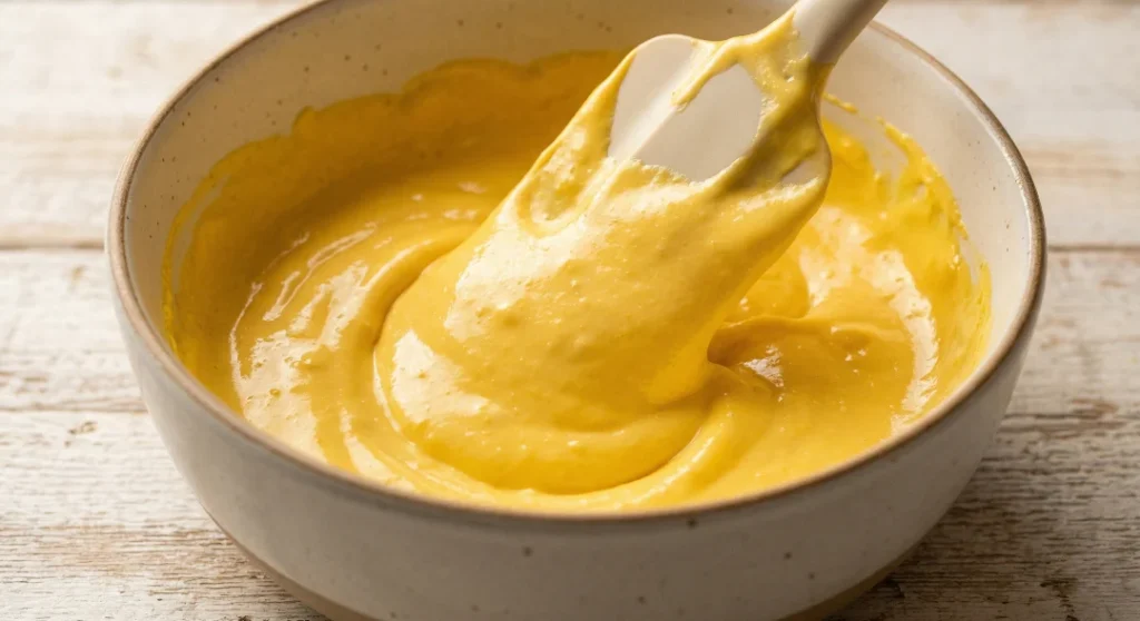 A close-up of a creamy, bright yellow deviled egg filling being smoothed with a white spatula in a ceramic bowl.