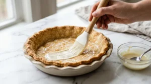 A close-up of a hand using a silicone pastry brush to spread a thin layer of melted white chocolate inside a fully baked, cooled pie crust.