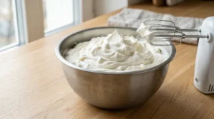 A large silver bowl of thick, fluffy whipped cream with a hand mixer on a wooden counter.