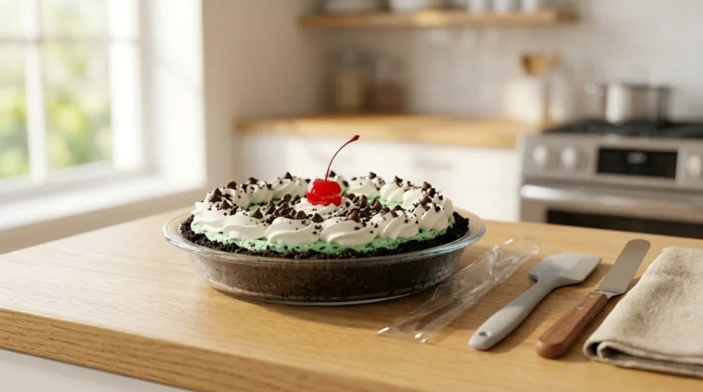 A whole green mint pie in a glass dish on a wooden counter, topped with whipped cream swirls, chocolate chips, and a cherry.
