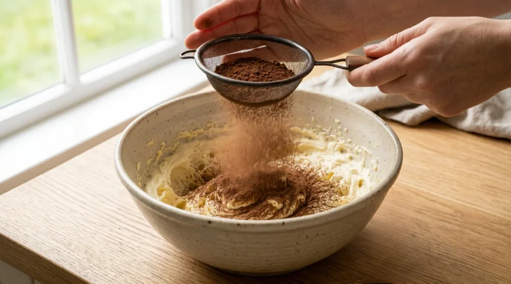 Chocolate fudge cake recipe step showing hands sifting dark cocoa powder through a strainer into a bowl of fluffy whipped butter.