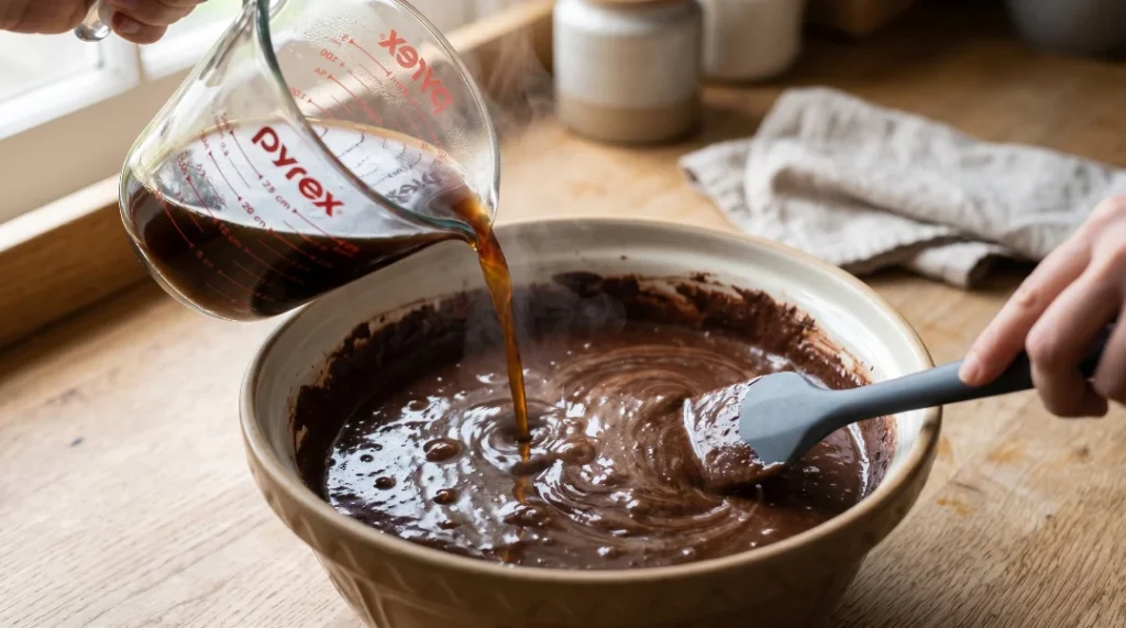 Chocolate fudge cake recipe step showing hot steaming coffee being poured from a glass measuring cup into thick chocolate batter.