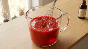 Red velvet cake recipe step showing a wire whisk stirring bright red buttermilk and vinegar in a glass measuring cup.