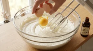 Red velvet cake recipe step showing a hand cracking an egg into a glass bowl of fluffy batter next to vanilla extract.