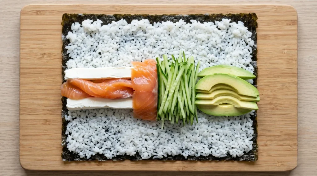 Philadelphia roll recipe assembly showing a row of cream cheese, smoked salmon, cucumber, and avocado arranged horizontally on sushi rice.