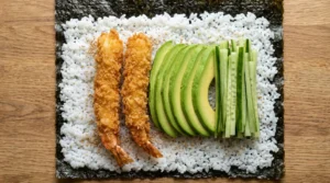 Shrimp tempura roll recipe showing crispy fried shrimp, sliced avocado, and cucumber strips arranged horizontally on a bed of sushi rice and nori.