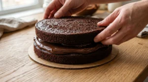 Chocolate fudge cake recipe step showing a baker gently placing the second chocolate cake layer on top of a frosted base layer.