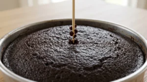 Chocolate fudge cake recipe step showing a wooden toothpick inserted into the center of a freshly baked dark chocolate cake.