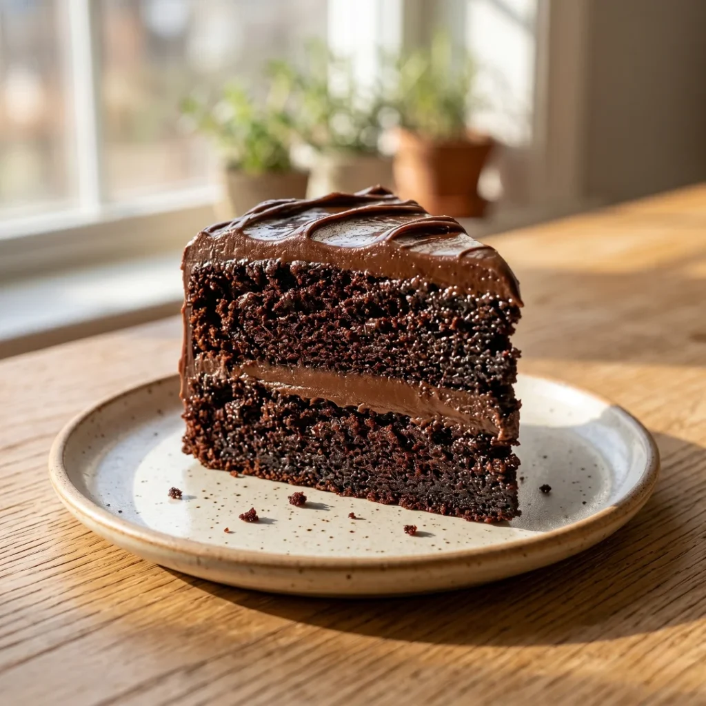 Chocolate fudge cake recipe cover photo showing a decadent slice of moist chocolate cake with thick fudge frosting on a speckled plate.