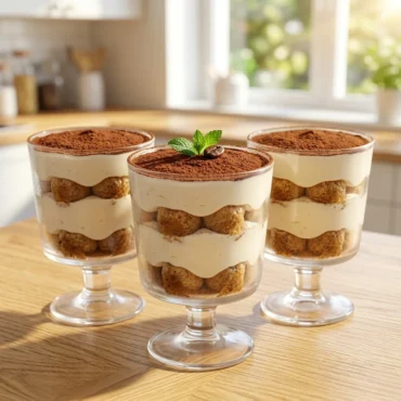 No-Bake Tiramisu Cups final step showing a hand using a fine mesh sieve to dust a generous layer of dark cocoa powder over a layered dessert in a glass cup.